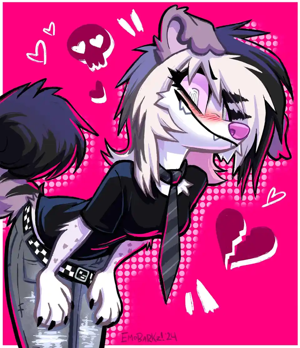 An anime-style anthropomorphic wolf with white and black hair, wearing a black shirt and tie, is shown with a tearful…