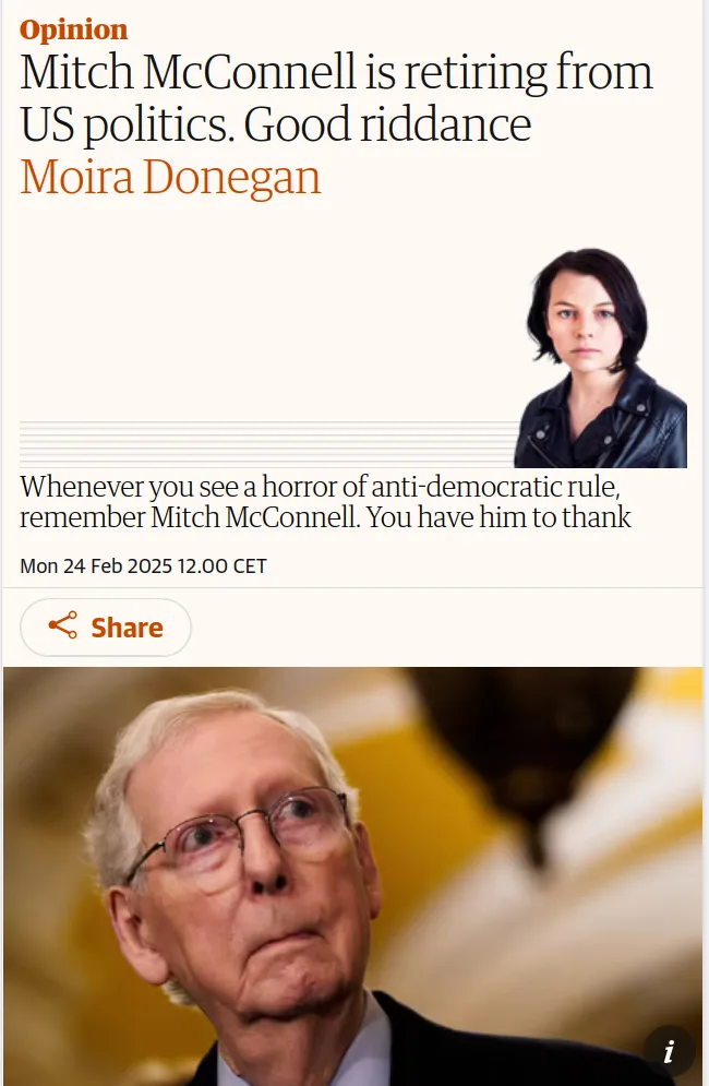 The image displays a screenshot of a news article by Moira Donegan titled 'Mitch McConnell is retiring from US politics…
