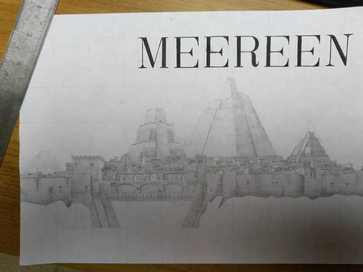 A pencil sketch on graph paper depicts a cityscape with large pyramids and fortified walls, resembling the fictional city of…