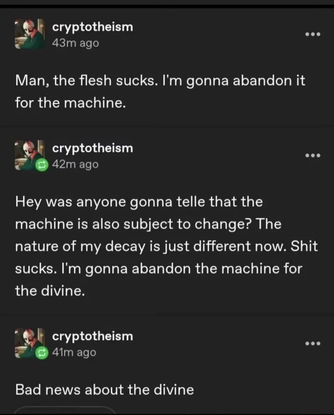 A screenshot of a social media thread shows a user named 'cryptoteism' posting three consecutive messages. The first says…