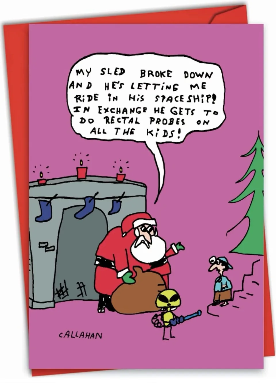 A cartoon depicts Santa Claus standing by a fireplace with stockings and candles, holding a sack, while a small green alien…
