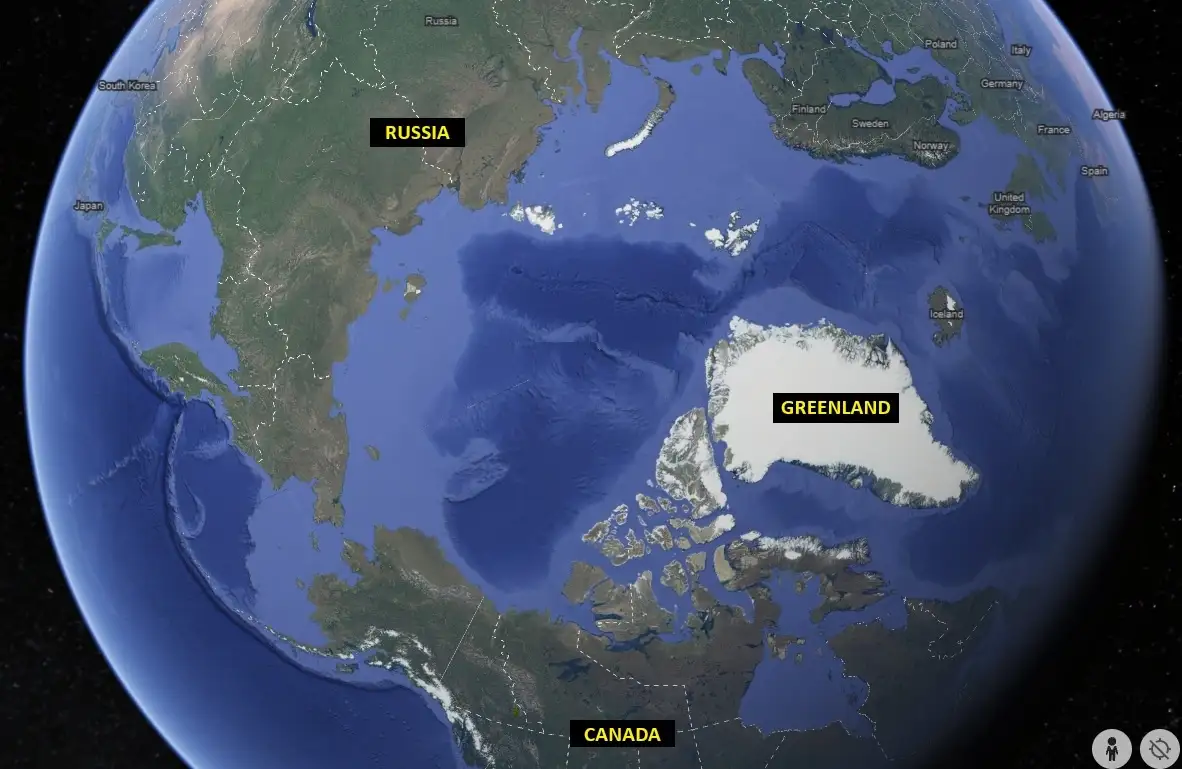 A satellite view of Earth showing Russia, Greenland, and Canada labeled with black boxes and yellow text. The image…