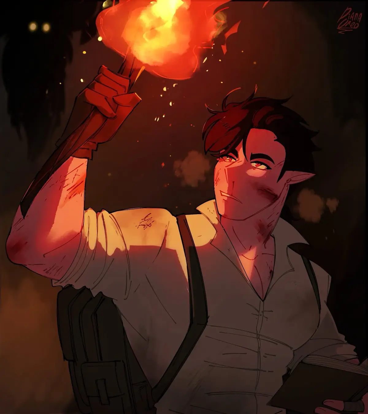 An anime-style illustration shows a young man with pointed ears, red eyes, and a determined expression, holding a flaming…