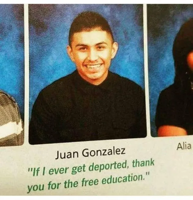 A school photo of a young man named Juan Gonzalez, smiling in a black shirt against a blue background, with overlaid green…