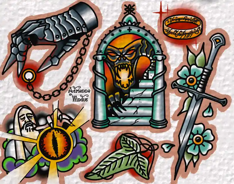 A tattoo-style collage features iconic Lord of the Rings imagery: a menacing Sauron in his throne, a spiked gauntlet, the…