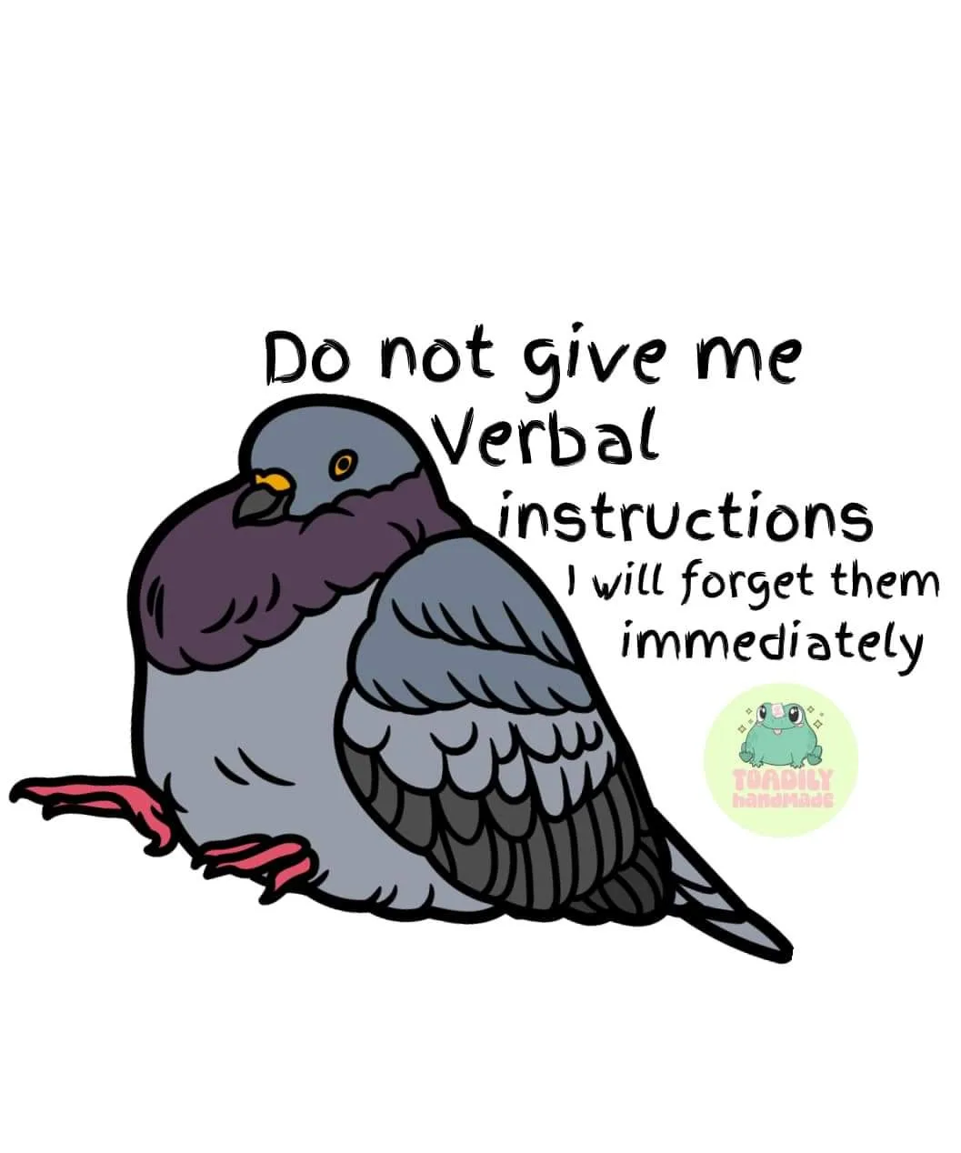 A cartoon drawing of a grey pigeon with a purple neck, sitting on a white background. The pigeon has a slightly annoyed or…