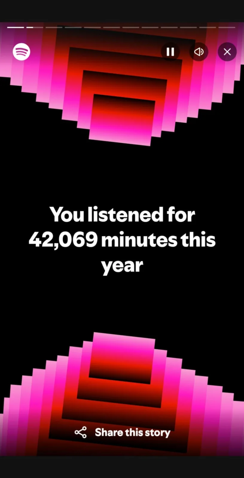 A Spotify year-end summary screen showing a large number of listening minutes, with abstract pink and red geometric shapes…