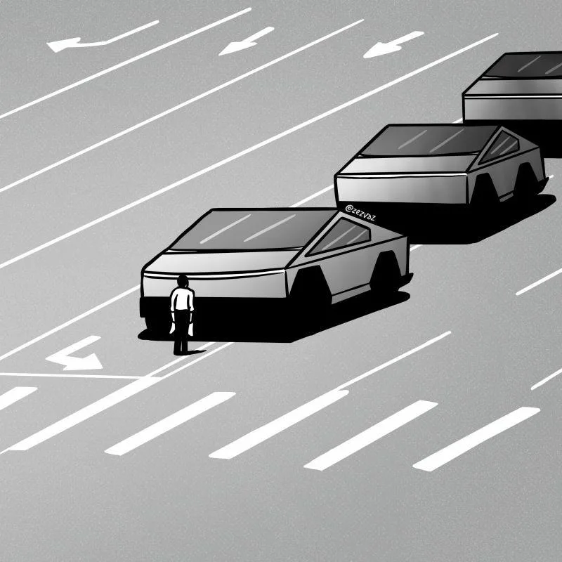 A black-and-white illustration shows a person standing in the middle of a multi-lane road, facing a line of identical…