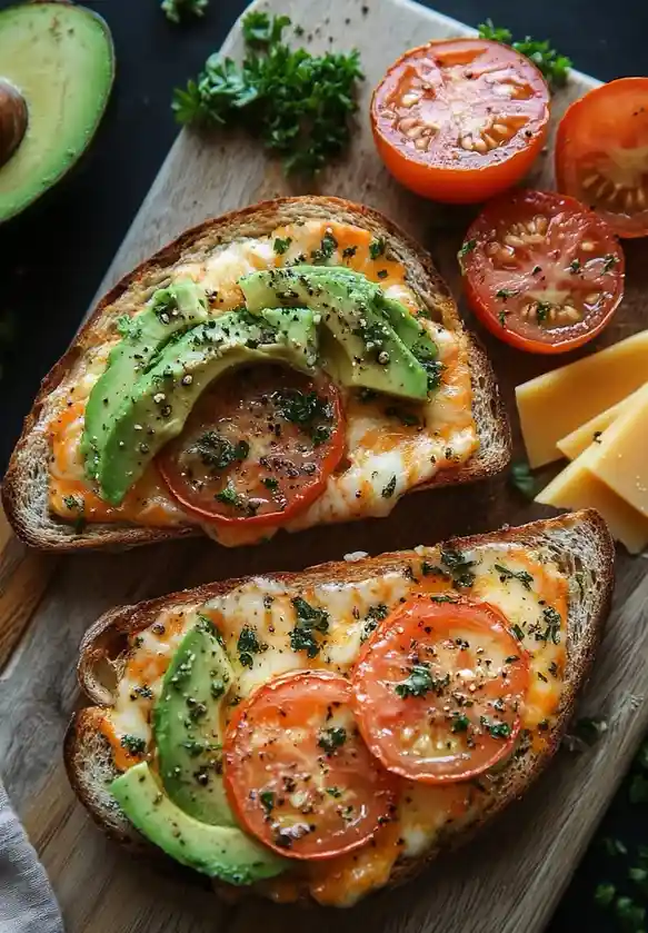 Two slices of toasted bread topped with melted cheese, avocado slices, and tomato rounds, garnished with herbs and black…