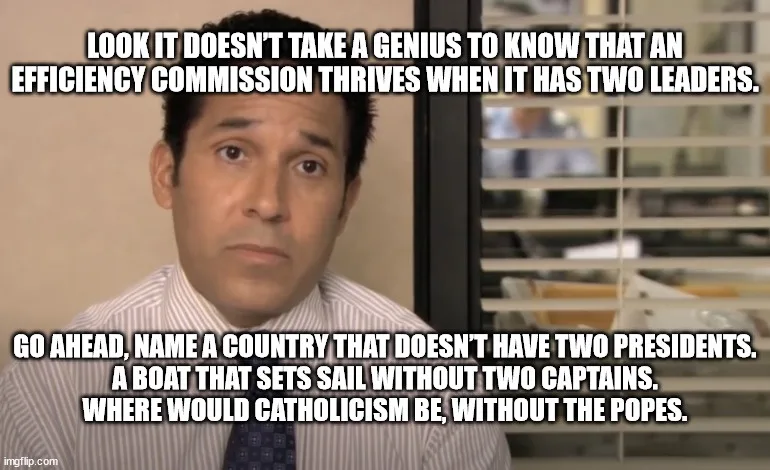 A man in a striped shirt and tie stares blankly at the camera in an office setting with blinds in the background. Overlaid…