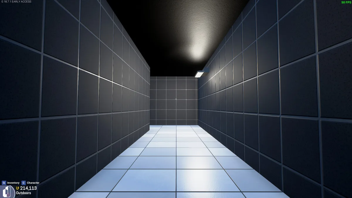 A first-person view from a video game showing a long, empty corridor with dark tiled walls and a bright tiled floor…