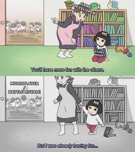 A two-panel anime-style comic shows a mother (labeled 'GAME DEVELOPER') telling her daughter (labeled 'ME') to join other…
