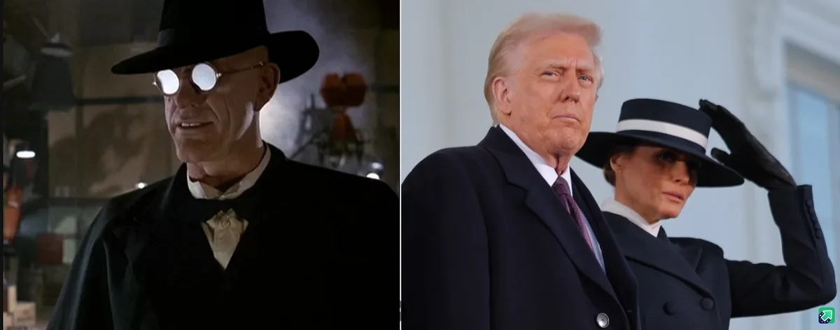 The image is split into two panels. The left panel shows a man in a black hat and round glasses, looking sternly at the…