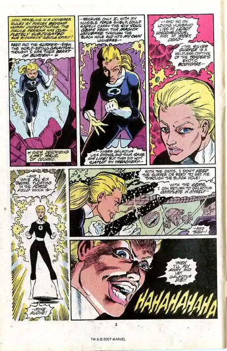 A comic book page featuring the Invisible Woman from the Fantastic Four, who is depicted as a villainous character in this…
