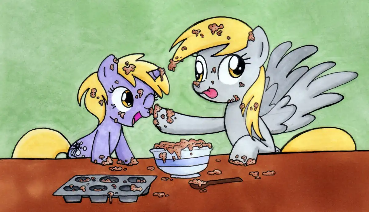 Two cartoon ponies, one purple and one gray with wings, are covered in brown cereal crumbs. The gray pony is feeding the…