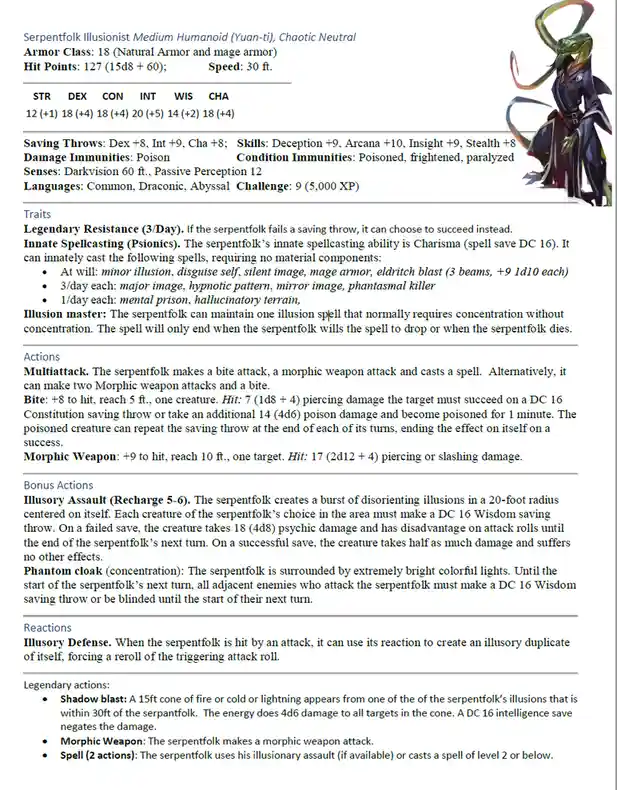 A Dungeons & Dragons monster stat block for a Serpentfolk Illusionist, featuring stats like Armor Class 18, Hit Points 127…