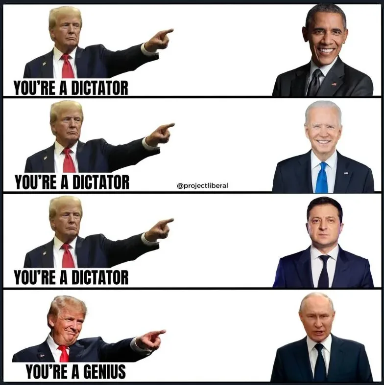 A four-panel meme shows Donald Trump pointing accusingly at three different world leaders: Barack Obama, Joe Biden, and…