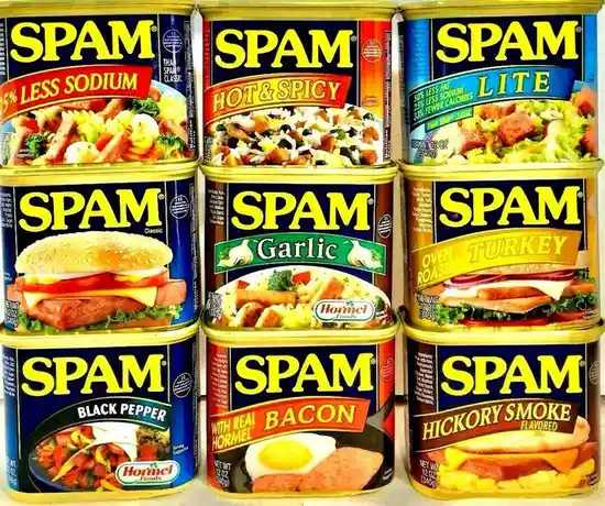 Six cans of SPAM are arranged in a 3x2 grid, each featuring a different flavor variant such as 'Less Sodium', 'Hot & Spicy'…