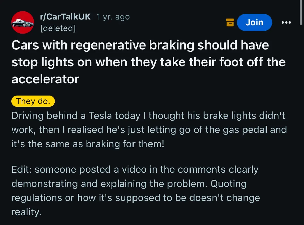 A Reddit post from r/CarTalkUK shows a user's comment about regenerative braking in cars, suggesting brake lights should…