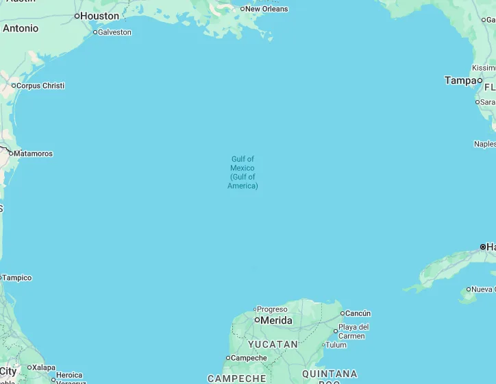 A map of the Gulf of Mexico with the label 'Gulf of Mexico (Gulf of America)' centered in the water. The surrounding…
