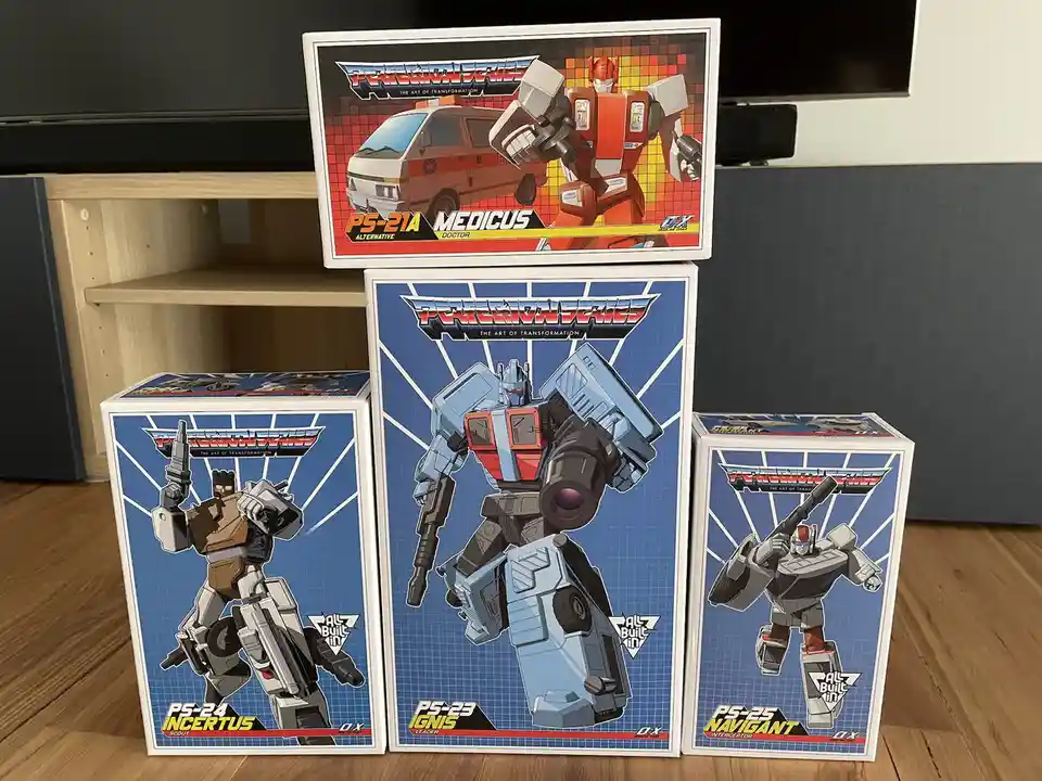 Three 'Perfection Series' toy boxes for Transformers-style robots are arranged on a wooden floor, with one box stacked atop…