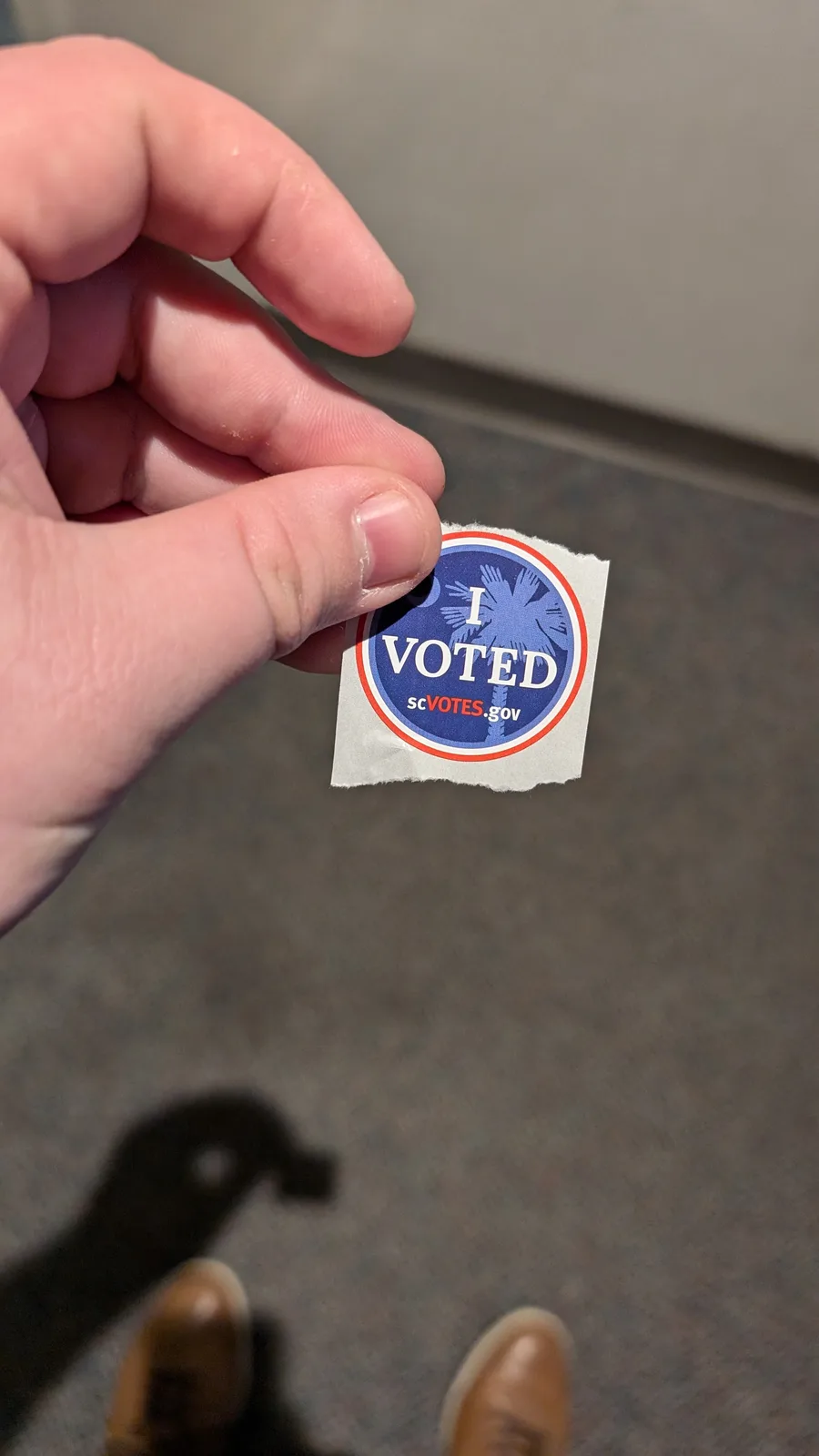 A hand holds up a torn 'I VOTED' sticker from South Carolina, featuring a palm tree design and the website scvotes.gov…