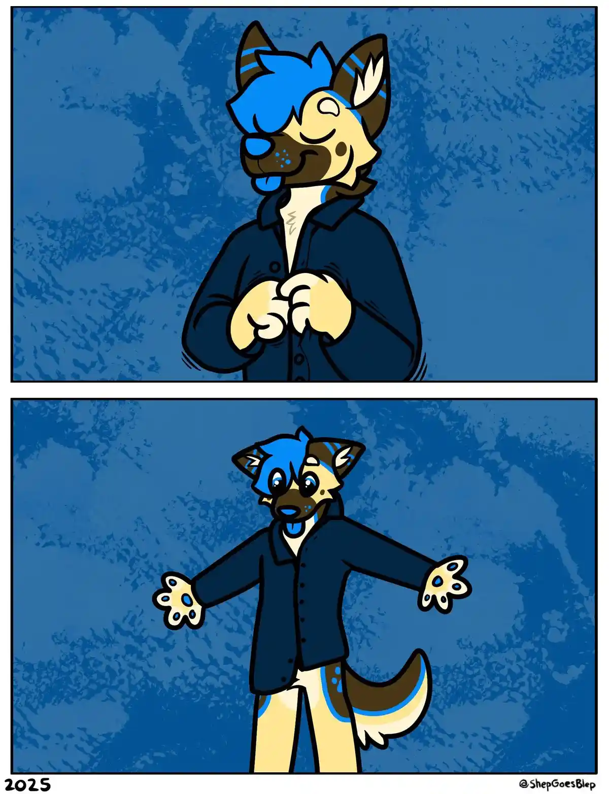 A two-panel comic featuring an anthropomorphic dog with blue and tan fur. In the top panel, the dog stands with eyes closed…