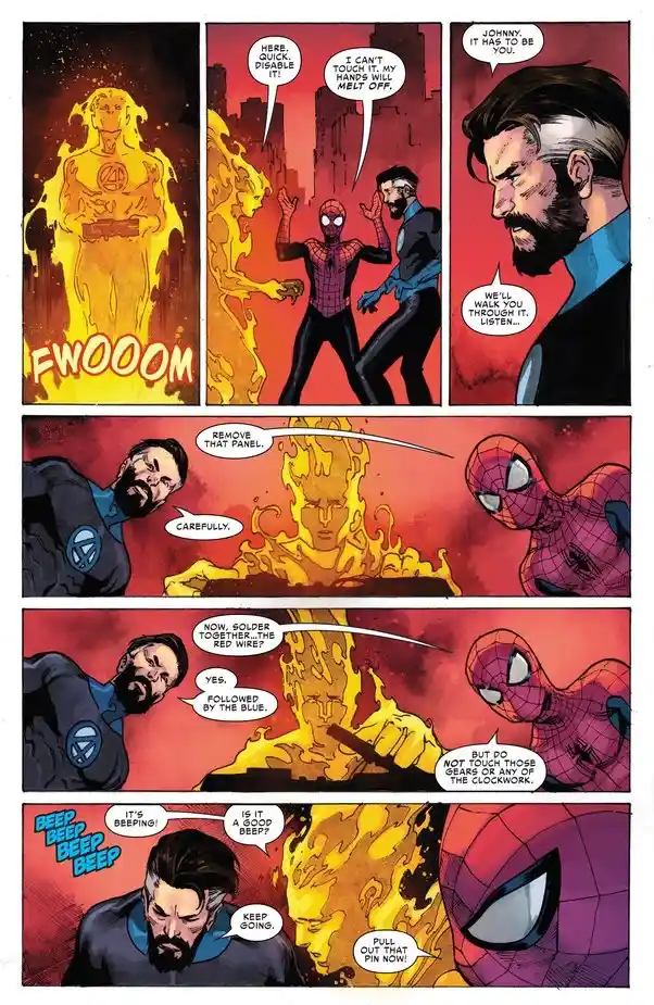 A comic book panel sequence shows Spider-Man and Johnny Storm (Human Torch) trying to fix a device while Johnny, in his…
