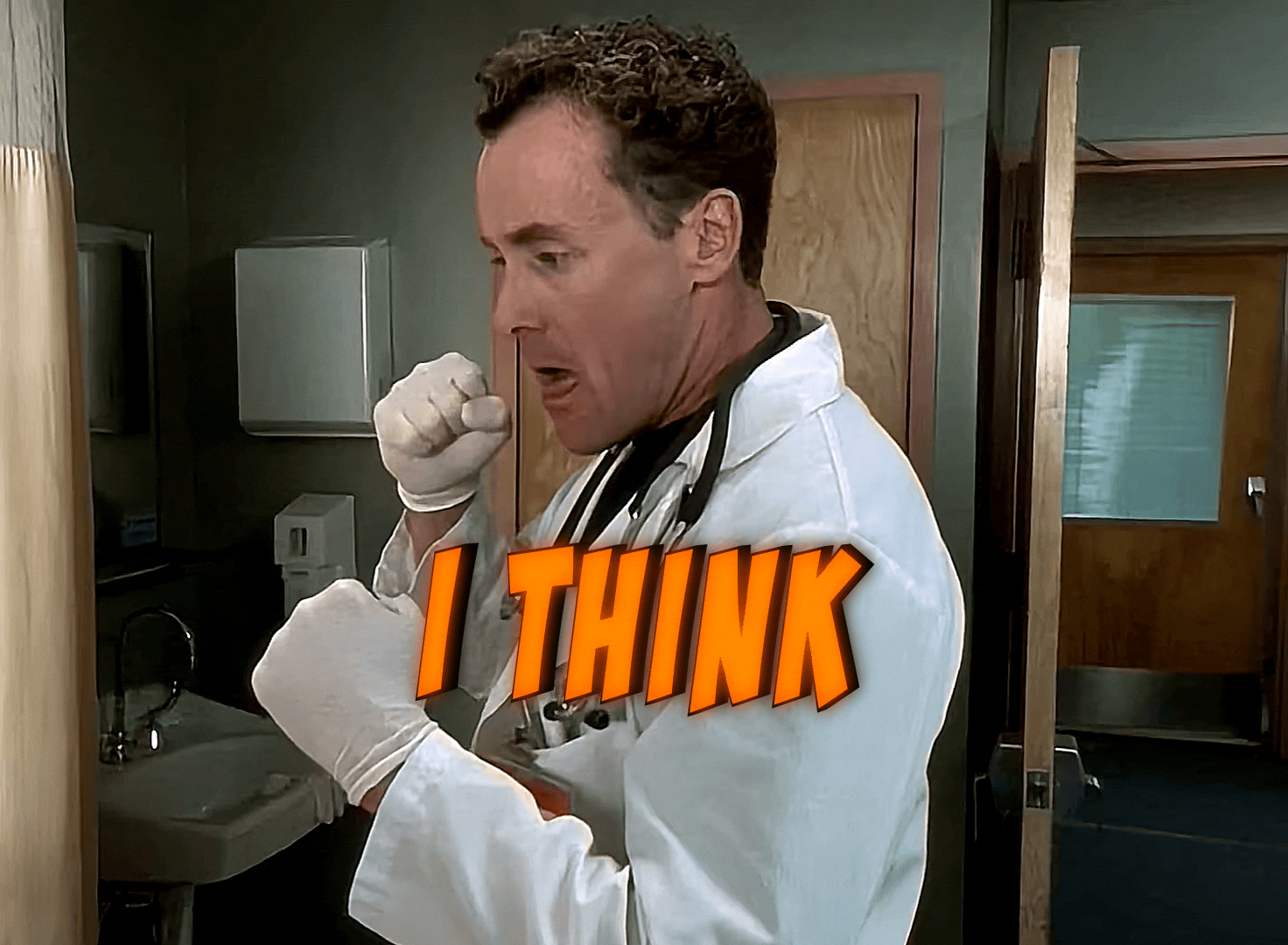 A four-panel meme featuring actor John C. McGinley as Dr. Cox from 'Scrubs' in a hospital bathroom. In the first three…