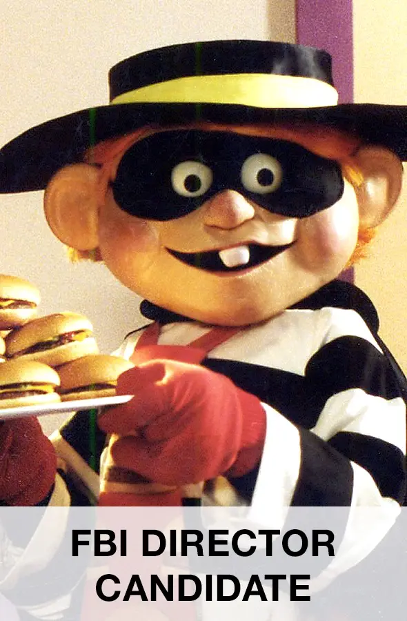 A cartoonish mascot dressed as a thief in a black mask, striped shirt, and hat, holding a tray of hamburgers. The text…