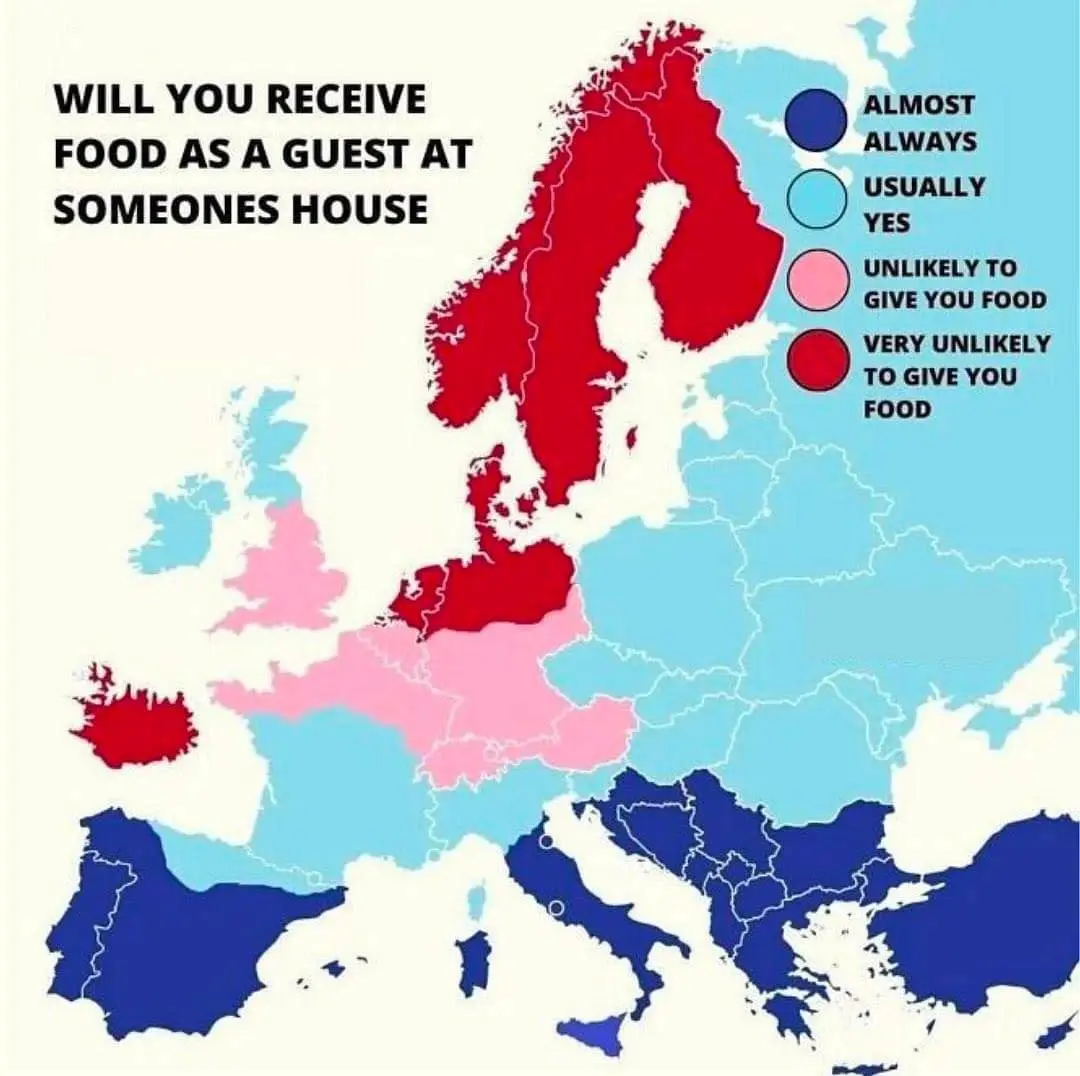 A map of Europe color-coded to show how likely hosts are to offer food to guests, with a legend indicating 'Almost Always'…