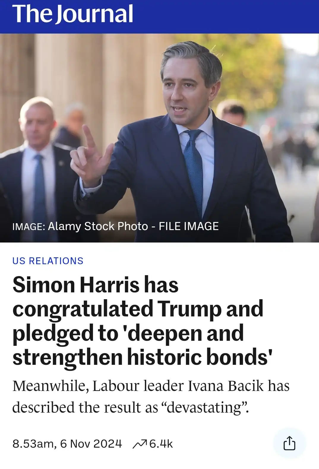 A screenshot of a fake news article from 'The Journal' shows a photo of Simon Harris in a suit gesturing while the headline…