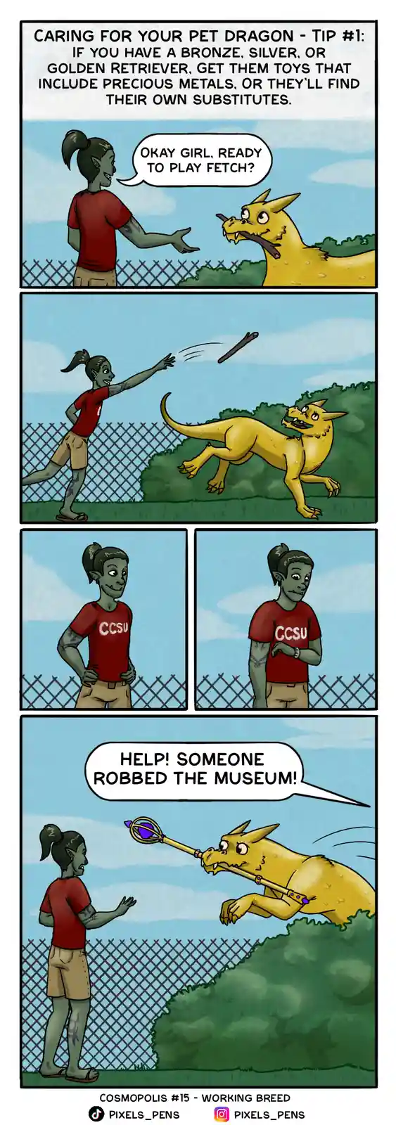 A four-panel comic shows a woman playing fetch with a golden dragon. The dragon initially fetches a stick, but later returns…