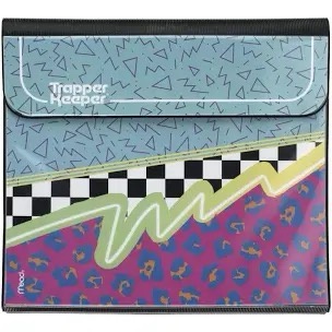 A close-up of a colorful, retro-style Trapper Keeper binder with a blue top section featuring geometric patterns, a…