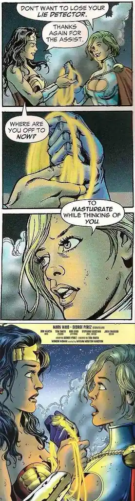 A comic strip featuring Wonder Woman and a blonde female character. The blonde character hands Wonder Woman a glowing lie…