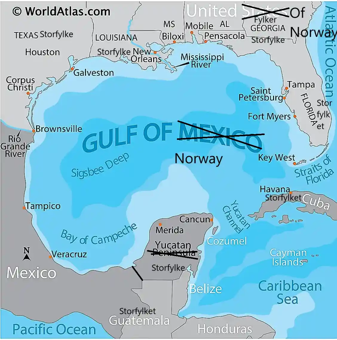 A map of the Gulf of Mexico and surrounding areas with the words 'Gulf of Mexico' crossed out and replaced with 'Norway'…