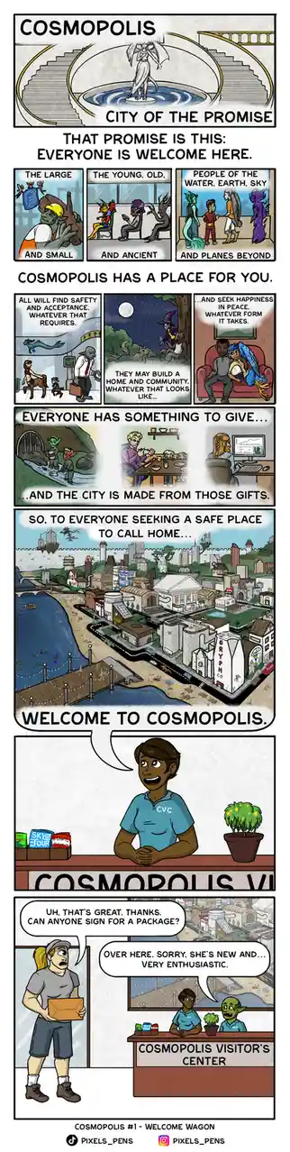 A comic strip titled 'Cosmopolis' depicts a utopian city welcoming all beings, including humans, elves, dragons, and other…