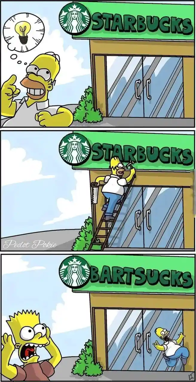 The image is a three-panel comic featuring Homer Simpson. In the first panel, Homer stands outside a Starbucks with a…