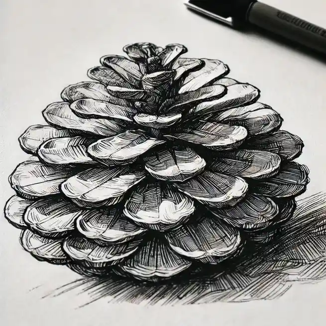 A highly detailed black-and-white ink drawing of a pinecone on white paper, with a black marker pen visible in the top right…