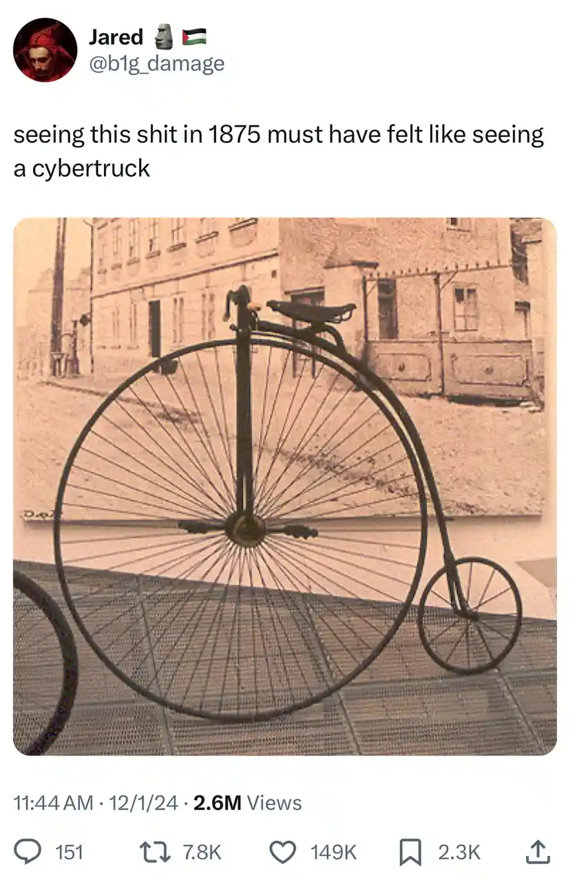A sepia-toned historical photograph shows a high-wheel bicycle, also known as a penny-farthing, with an enormous front wheel…