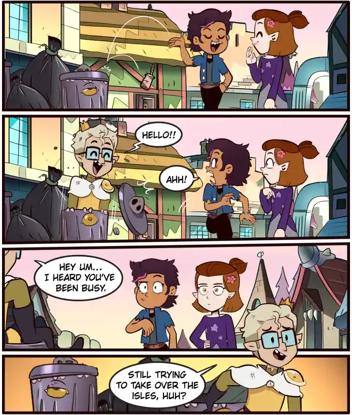 A four-panel comic strip from 'The Owl House' shows two characters, Luz and Amity, startled by a third character, Ed, who…