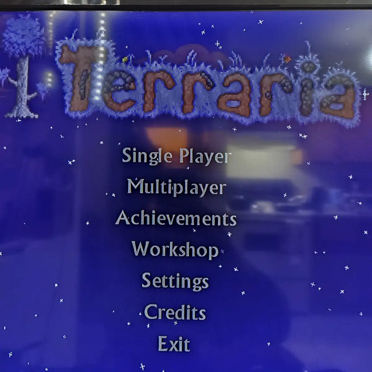 The image shows the main menu of the video game Terraria, featuring the game's title in a pixelated, earthy brown font with…
