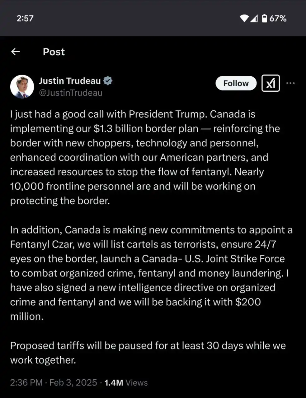 A screenshot of a tweet from Justin Trudeau's verified Twitter account, dated February 3, 2025, announcing a $1.3 billion…