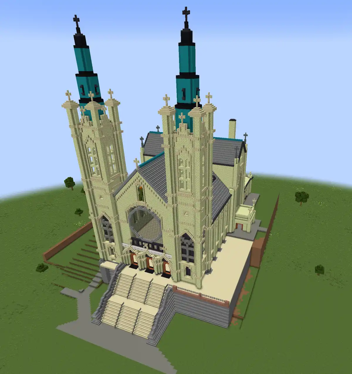 A highly detailed, blocky church built in the Minecraft game, featuring two tall spires with teal and black tops, intricate…