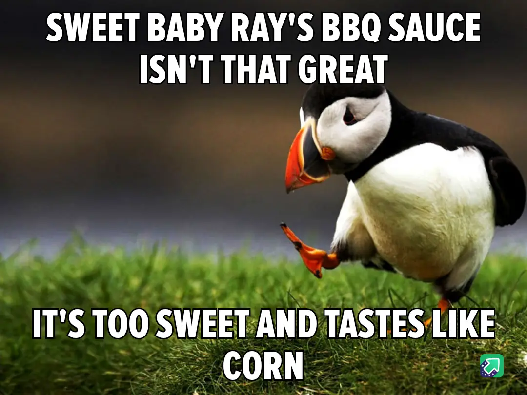 A penguin stands on green grass, looking down with a slightly disappointed or unimpressed expression. The text overlaid on…