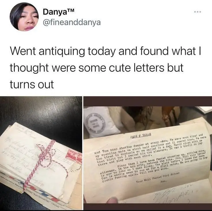 A tweet from Danya™ shows two photos: one of a stack of vintage letters tied with red-and-white twine, and another of an…