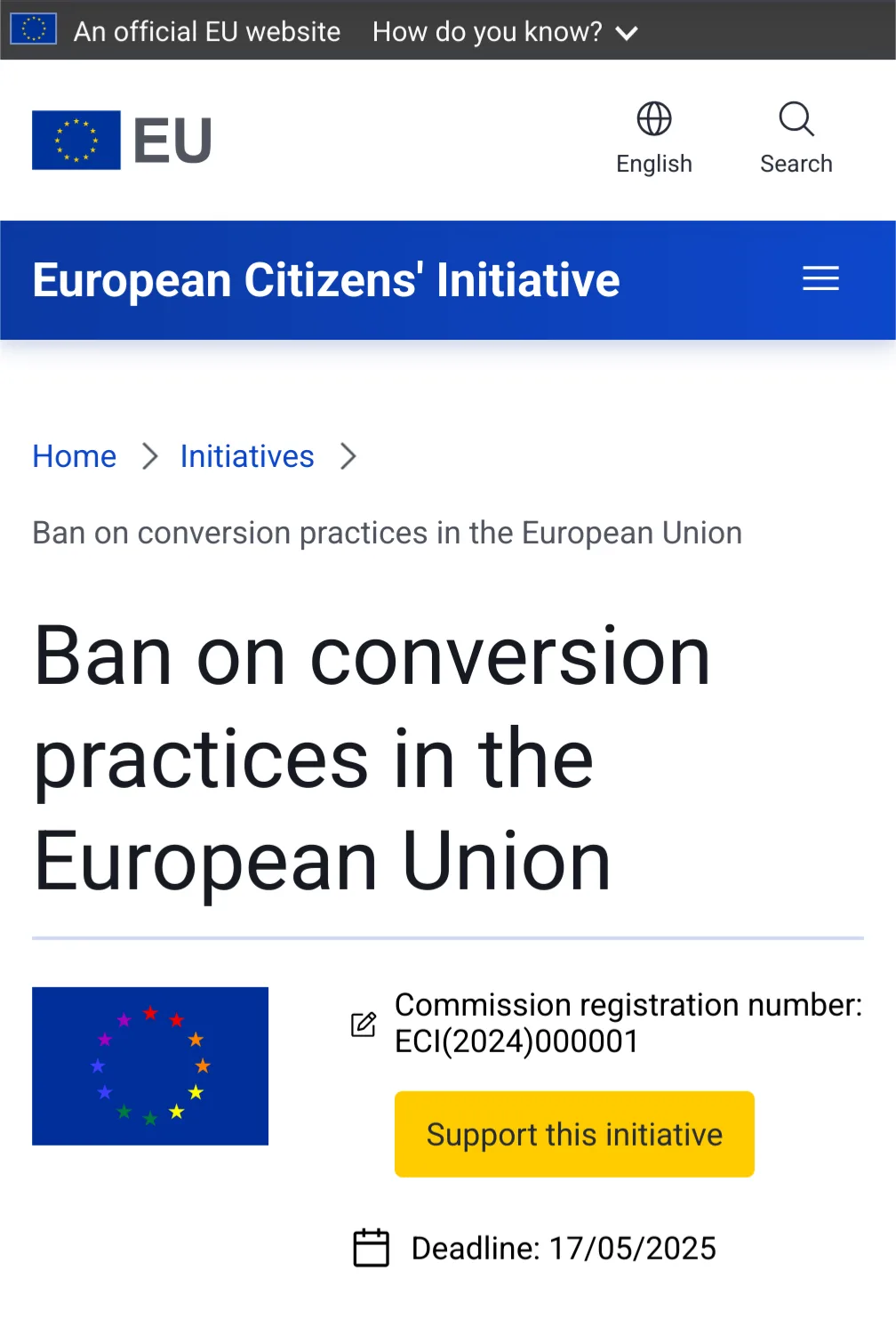 A screenshot of an official EU website page for the 'European Citizens' Initiative' showing a petition titled 'Ban on…
