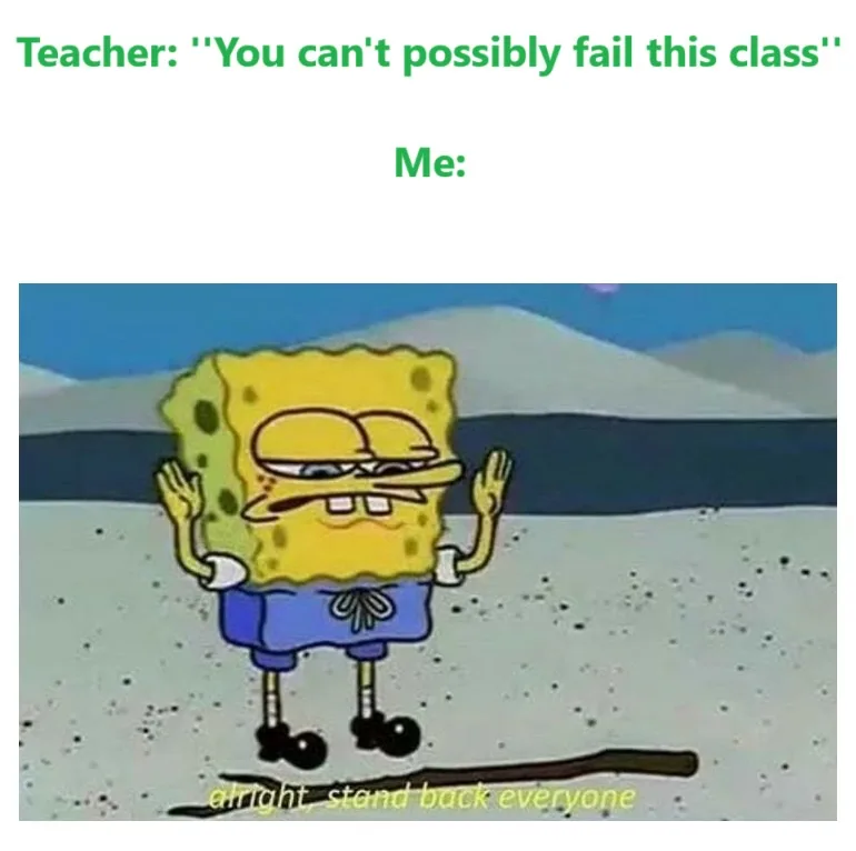 The image shows the cartoon character SpongeBob SquarePants standing on a sandy beach with a smug, self-assured expression…