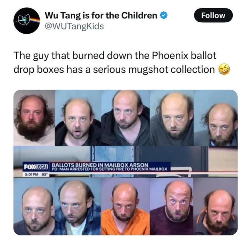 A screenshot of a tweet from @WUTangKids showing a collage of ten mugshots of the same man, each with a different expression…