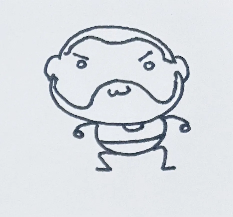 A simple black ink line drawing on white paper shows a cartoonish, round-headed figure with an angry expression, furrowed…